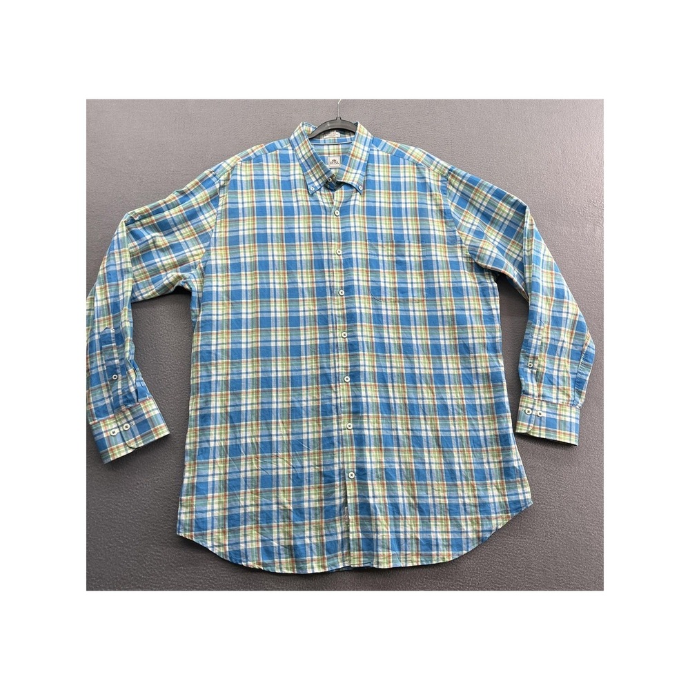 Peter Millar Shirt Mens XL Cotton Linen Button Up Blue Green Plaid Long Sleeve